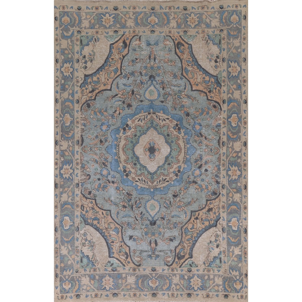 Hand Knotted Oriental 100% Wool Carpet Traditional Floral Navy Blue & Blues Tabriz Area Rug - 9' 4'' X 6' 5''
