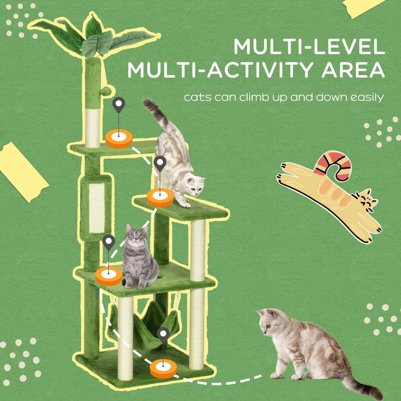 PawHut 56" Multi-Level Cat Tree, Cat tower with Scratching Post, Hammock, Platforms, Play Ball & Anti-Tipping Device