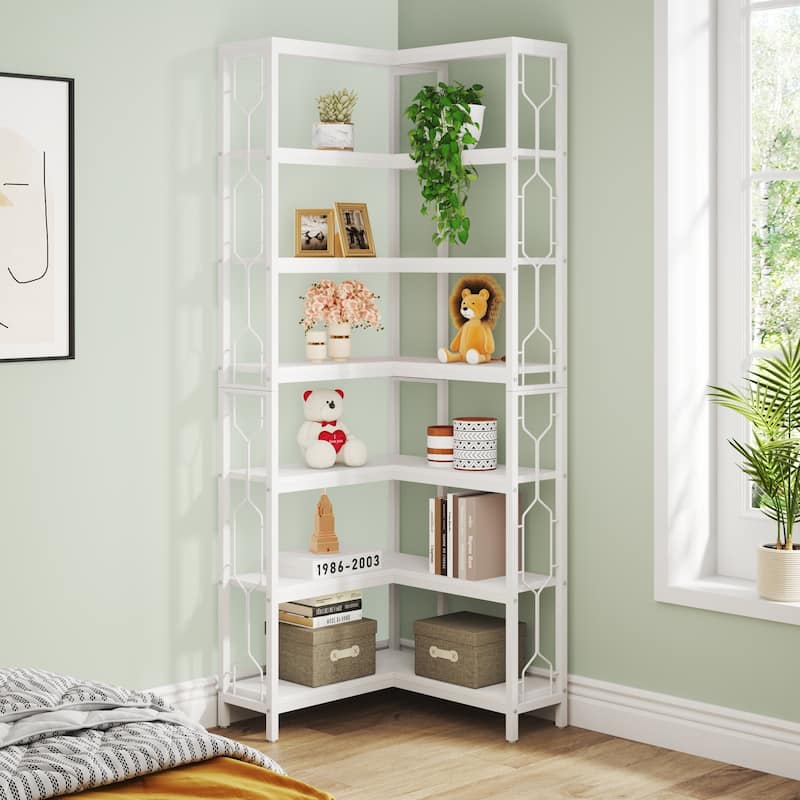 7-Tier Corner Bookshelf, White Corner Shelf Modern Etagere Bookcase