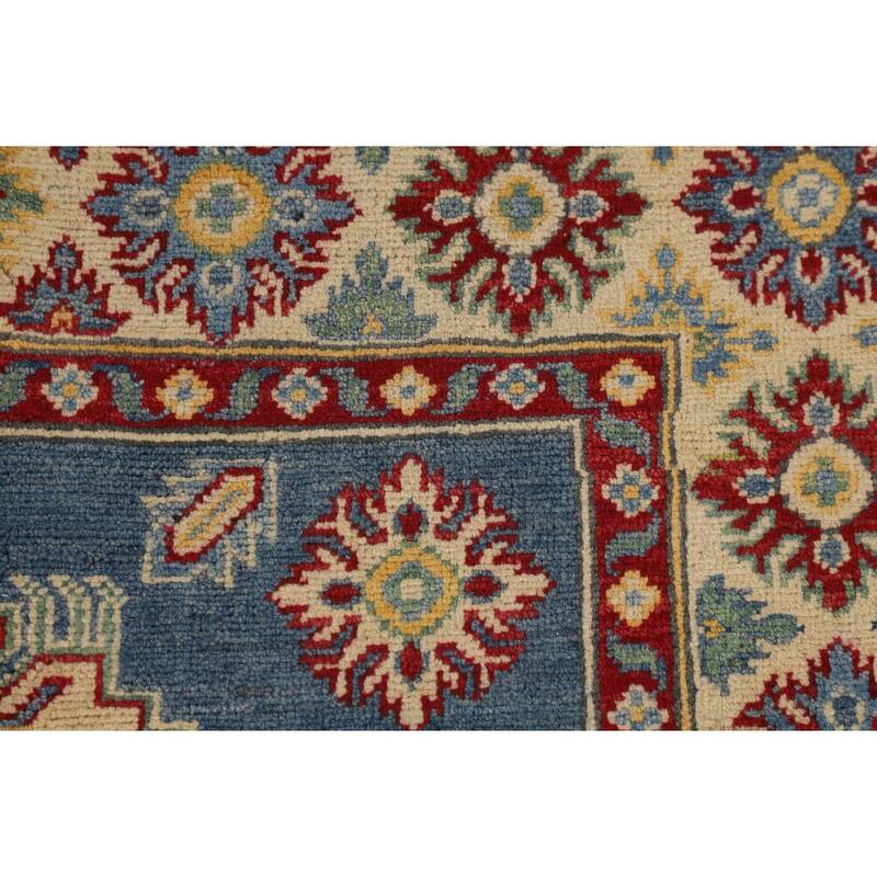 Geometric Kazak Area Rug Hand-Knotted Oriental Blue Wool Carpet - 3'7" x 5'9"