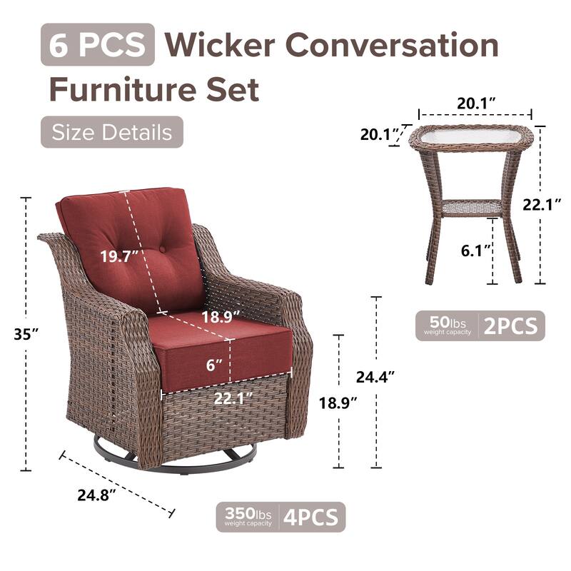 Gymojoy 6-Piece Wicker Patio Swivel Glider Chairs Set, 6-Inch Ultra Thick Cushioned