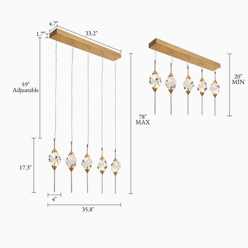 Modern Gold LED 5-Light Crystal Island Chandelier for Kitchen Island - 35.8" W x 17.3" H x 4" D