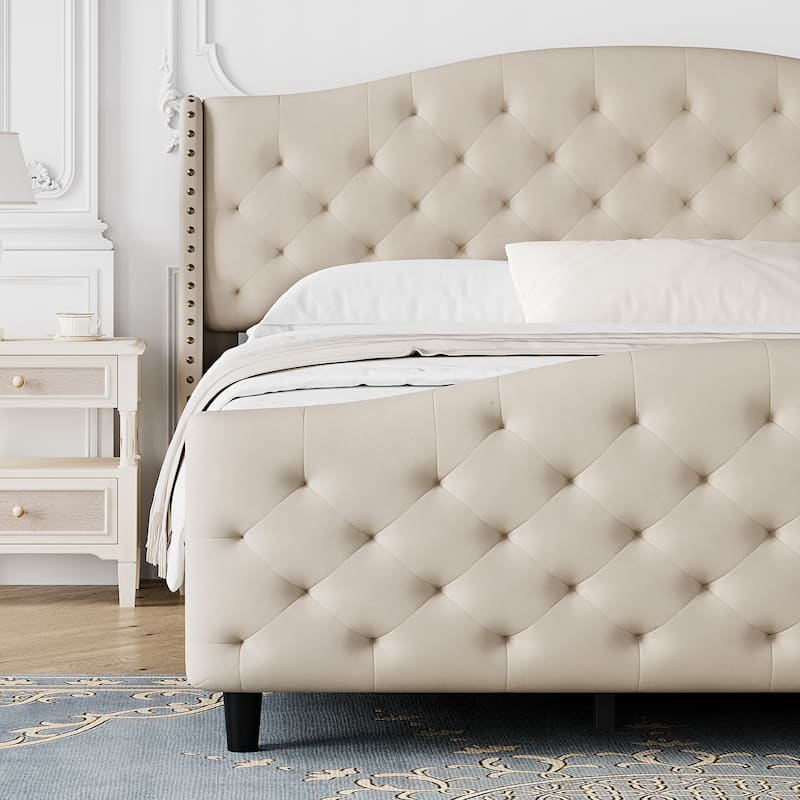 Elam Tufted Upholstered Platform Bed Frame with Off-white Headboard and Footboard