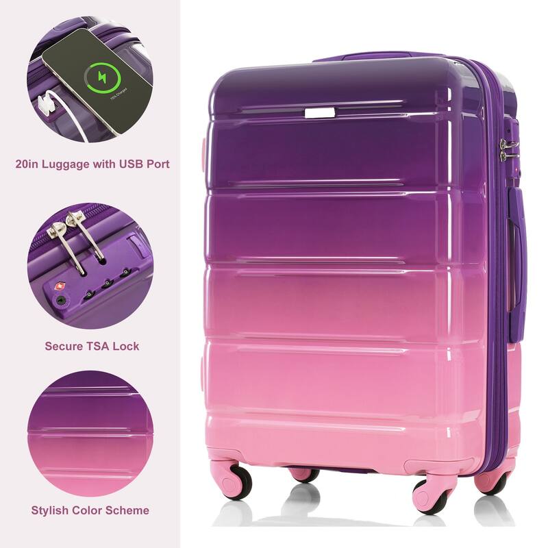 3-Piece, 20-Inch Modern Hard Shell Luggage with USB Port and Spinner Wheels, for Boarding Travel, Purple