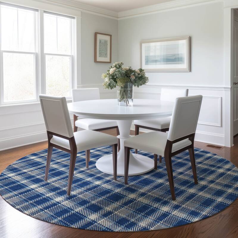 Machine Washable Indoor/ Outdoor Traditional Plaid Chantille Rug - Navy - 8' x 8'