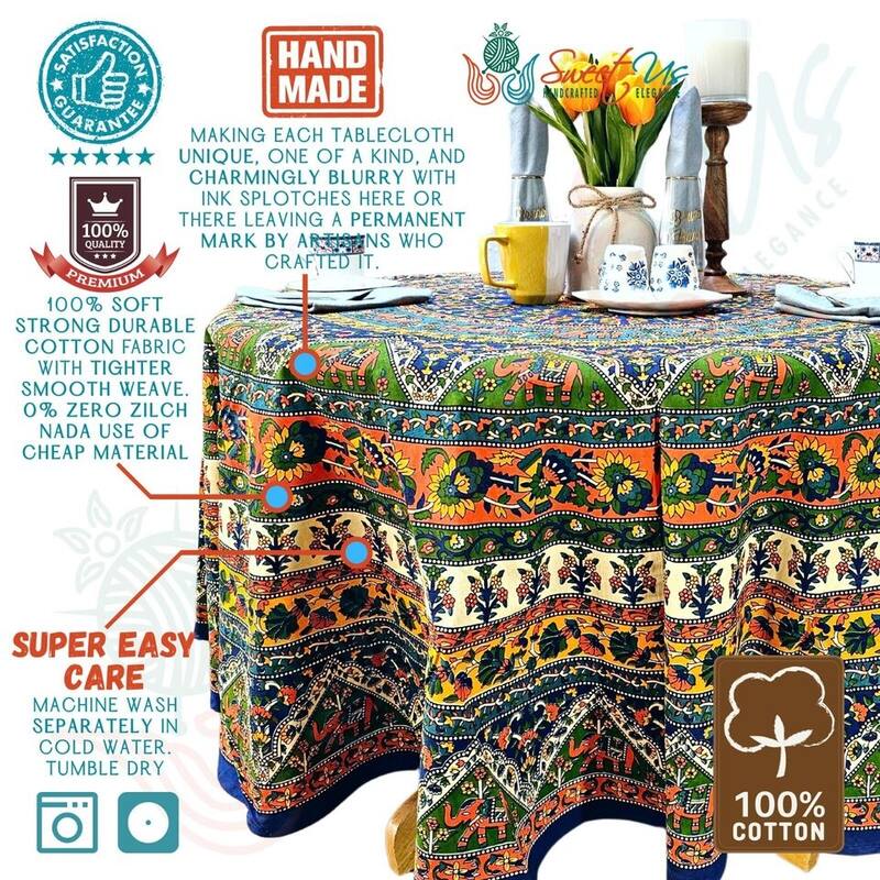 Cotton Mandala Floral Elephant Printed Tablecloth Collection - 70-inch Round - Blue