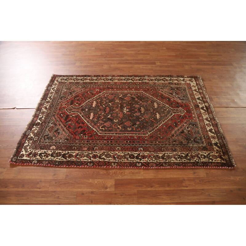 Hand-knotted Qashqai Persian Vintage Area Rug Grey Wool Carpet - 3'9"x 5'6"