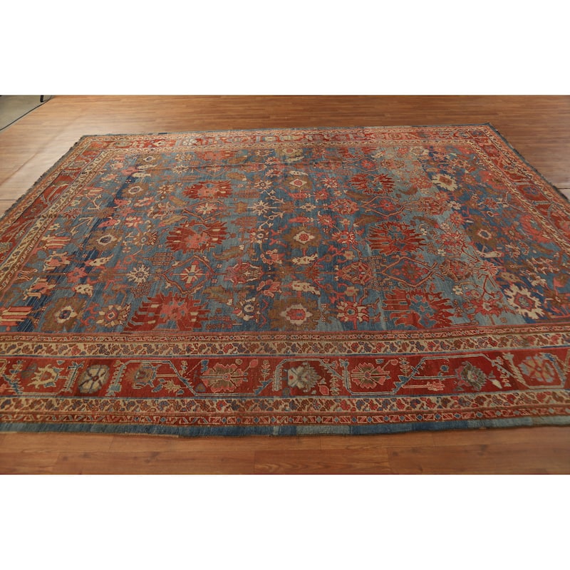 Hand Knotted Oriental 100% Wool Carpet Traditional Floral Navy Blue & Blues Heriz Area Rug - 10' 9'' X 9' 3''
