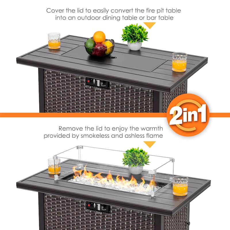 Outdoor 43-inch 50,000 BTU Propane Gas Fire Pit Table, Aluminum Tabletop and PE Rattan Weaved Iron Frame,