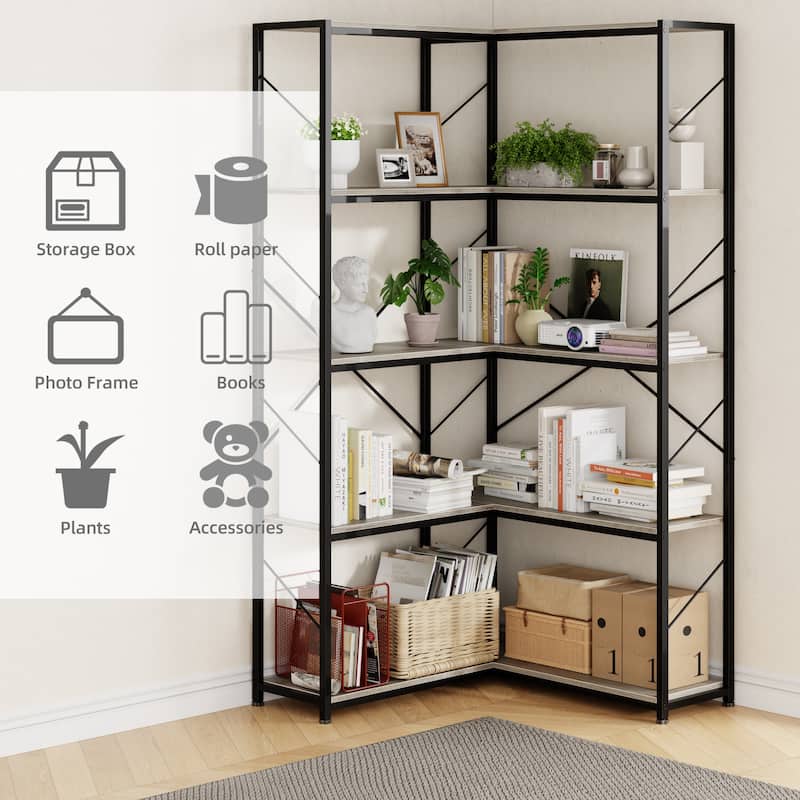 Futzca L-Shaped Corner Bookcase, 5-Tier Wood Bookshelf