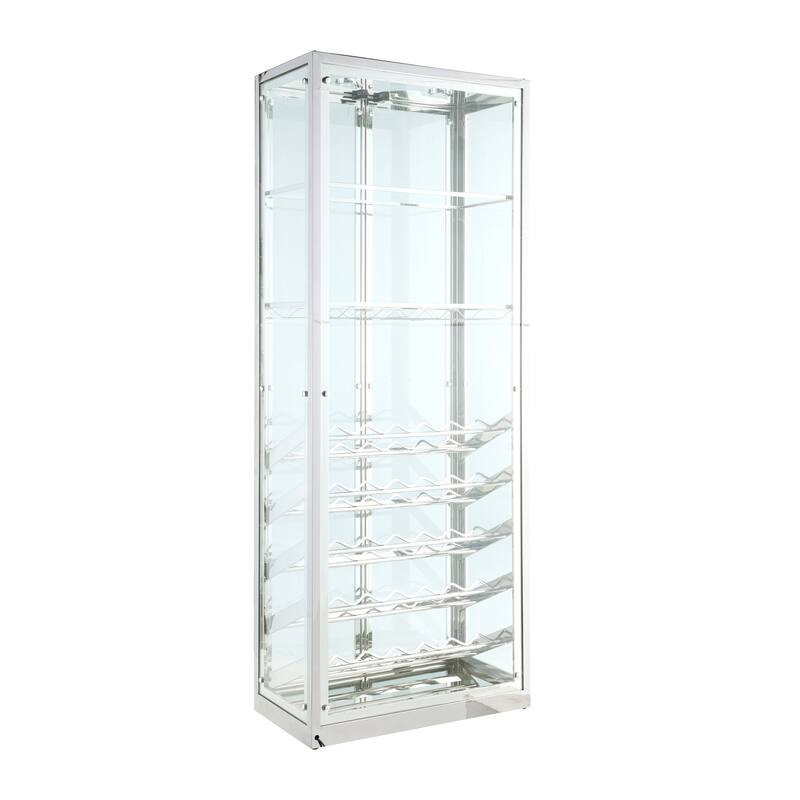 Somette Clear/Chrome Contemporary Glass Curio with Wine Storage - 31.5"W x 15.75"D x 82.36"H