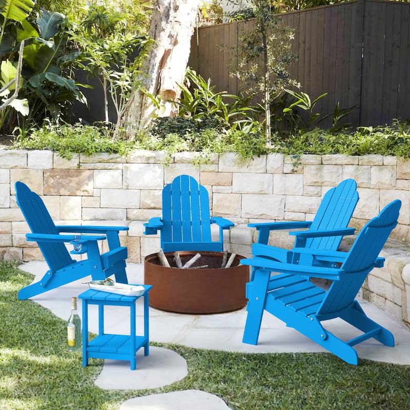 Foldable HDPS Plastic Weather Resistant Outdoor Patio Folding Adirondack Chairs With Cup Holder Set of 4 - 35"D x 30"W x 36.2"H - Light Blue