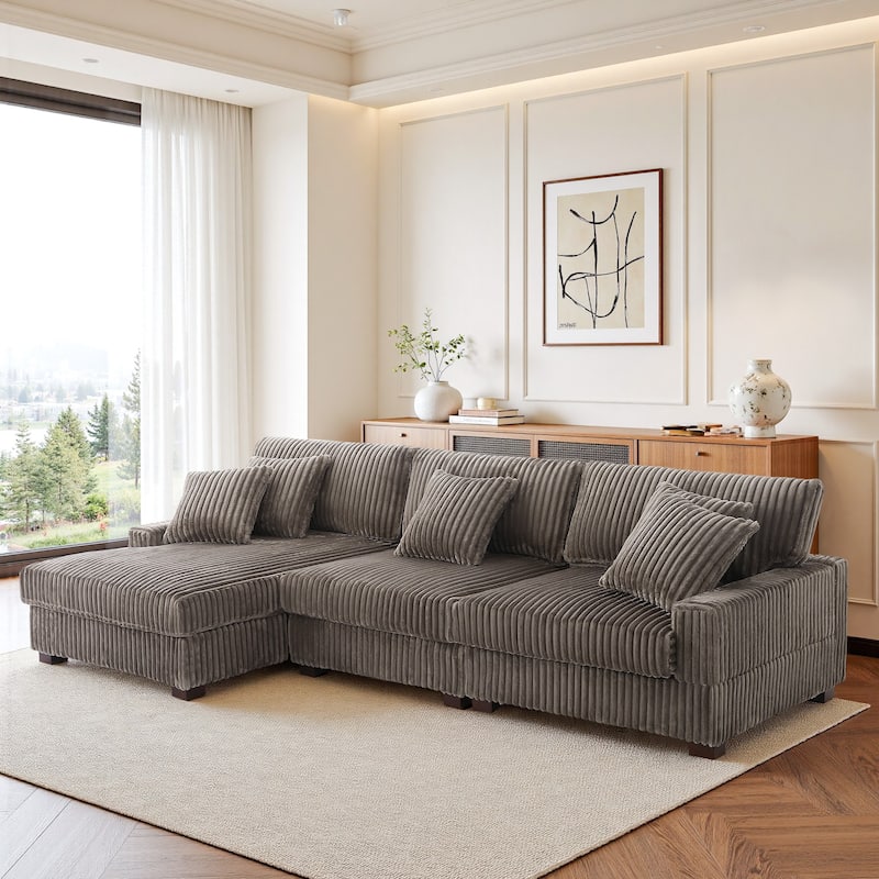 118.3" W Plush Corduroy Square Arm Upholstered Sectional Modular Sofa - Light Brown - Left Facing