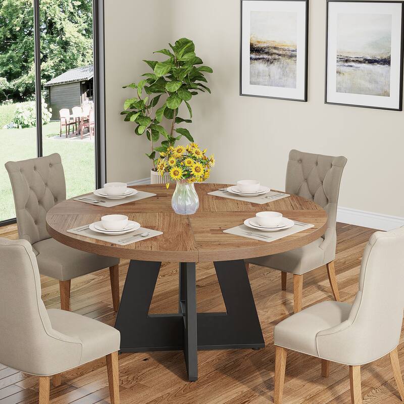 47" Round Wood Dining Table 4-Seater Farmhouse with Wooden Tabletop Cross Base for Dining Room/Kitchen