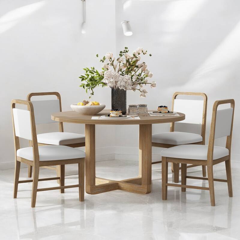 5-Piece Round Dining Table Set for 4 with Upholstered Chairs and Radial Wood Grain Design, Perfect for Dining Room and Kitchen