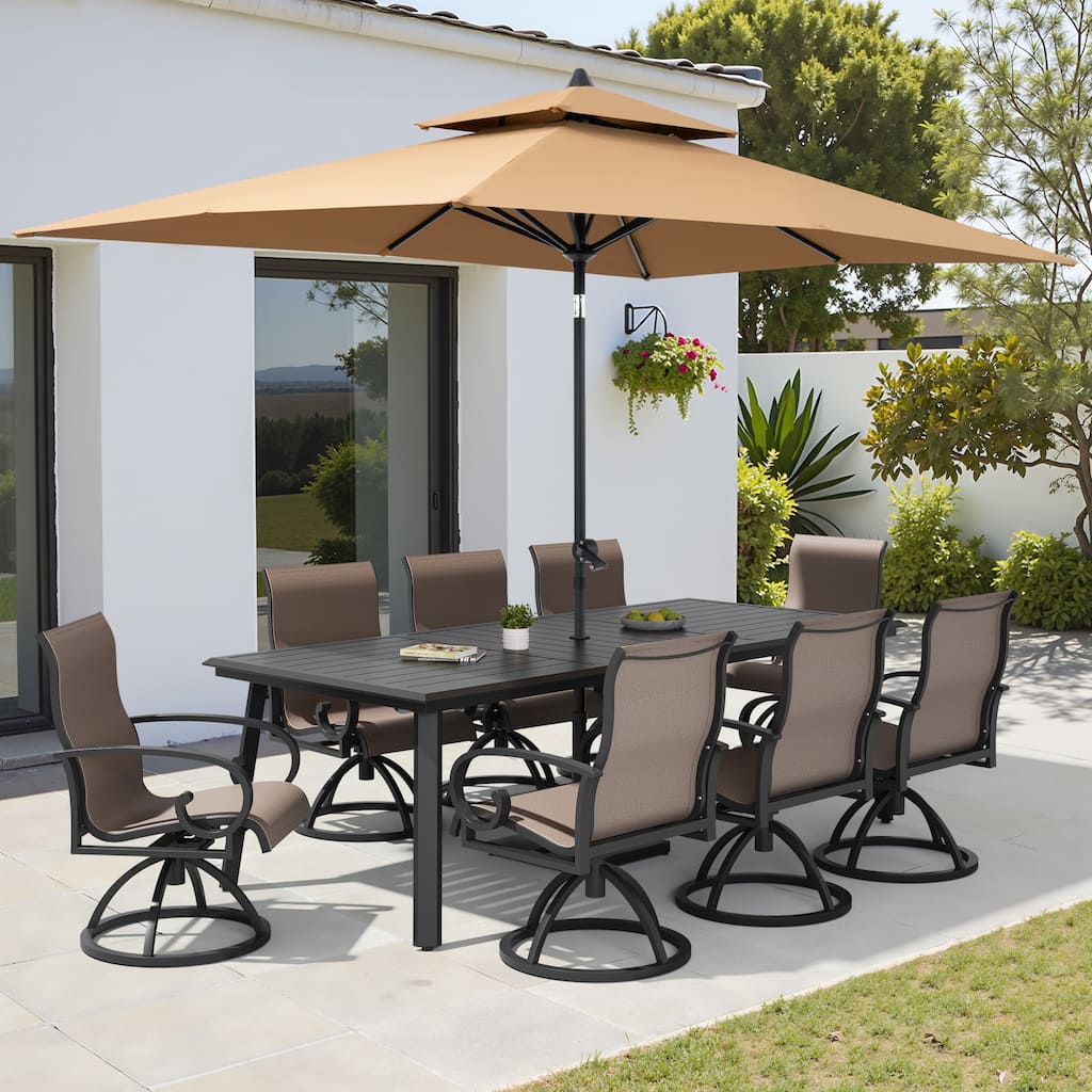 11-Piece Outdoor Patio Dining Set Aluminum Table and Swivel Sunbrella Dining Chairs w/ Umbrella and Base