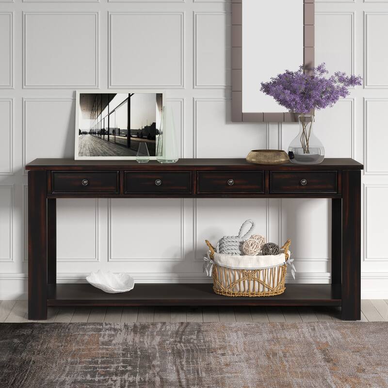 Pine Wood Console Table with 4 Drawers and Bottom Shelf for Entryway Hallway