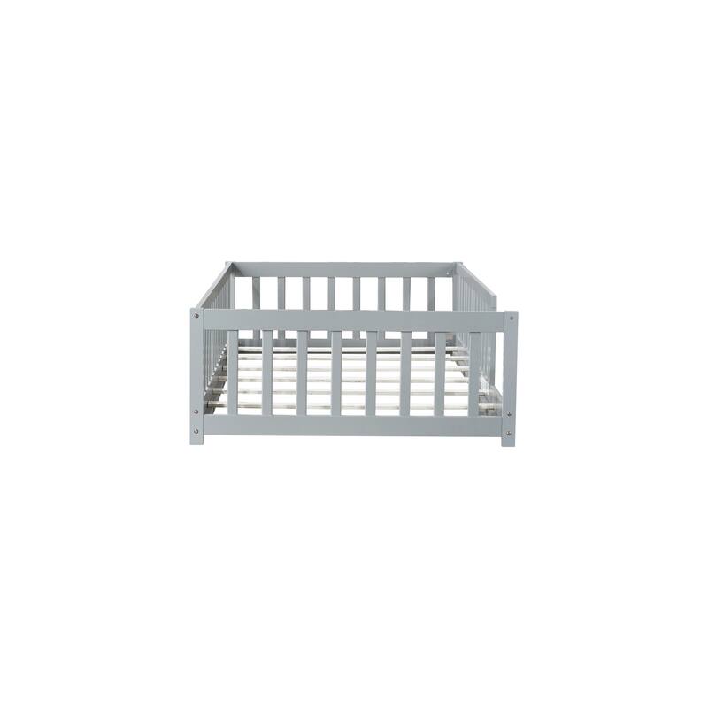Twin Size Floor Bed with Fence without Door, Rubber Wood Floor Bed with Safety Guardrails,Grey