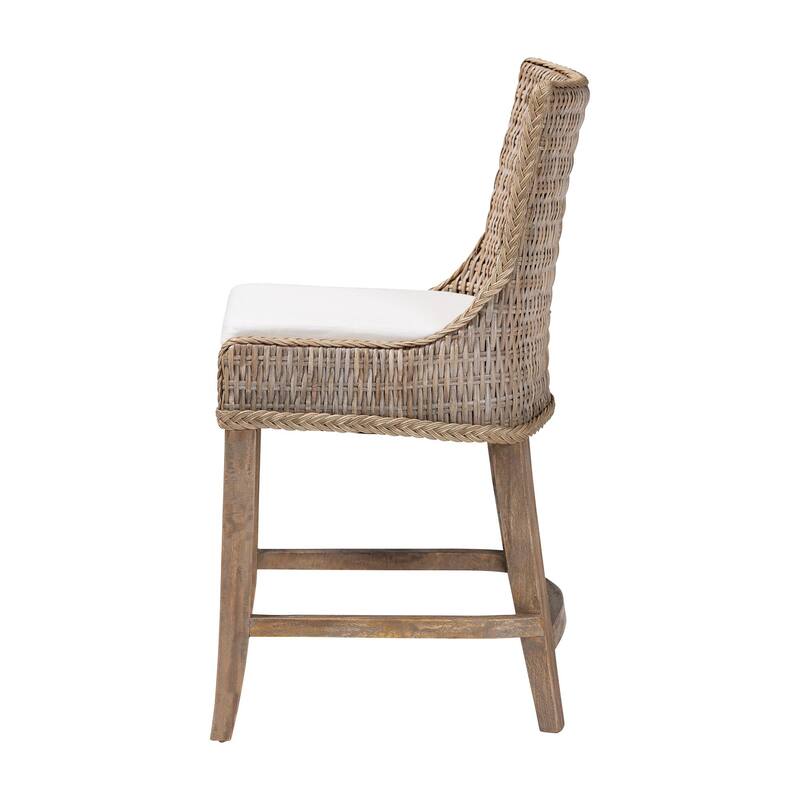 Derris Natural Rattan Counter Stool with Cushion - Tall Wingback Stool with Mango Wood Frame, Boho Coastal Style Seating