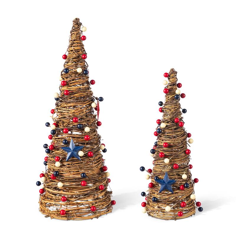 Glitzhome Set of 2 Patriotic/ Americana Rattan Stars and Berry Cone Table Tree