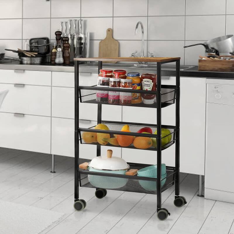 Kitchen Storage Rolling Cart, 4-Tier Kitchen Island Cart on Wheels with Wooden Shelves, Lockable Utility Cart with Mesh Baskets