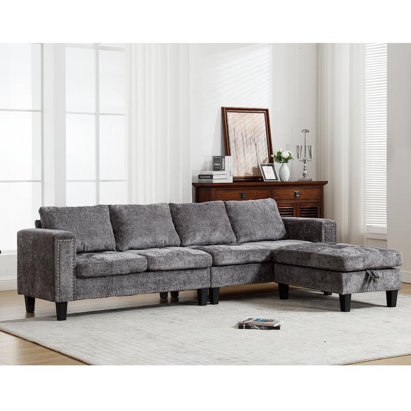 Grey 104.5" L-Shaped 5-Seater Sofa with Storage Ottoman