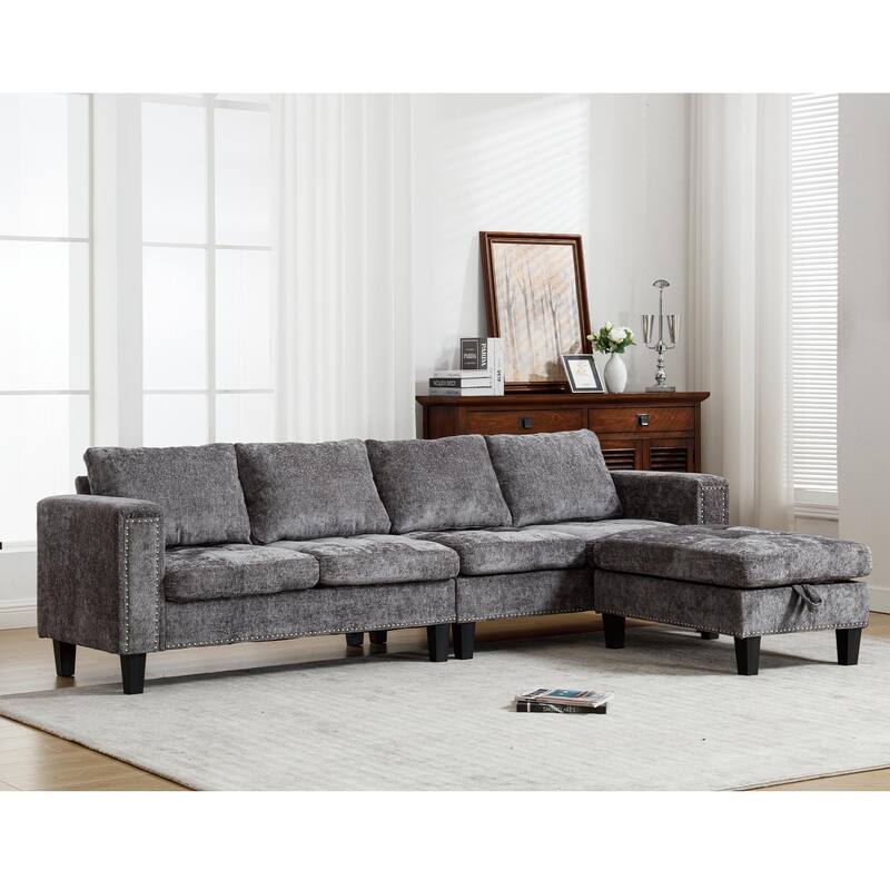 Grey 104.5'' L-Shaped Modular 5 Seat Sectional Sofa with Storage Ottoman, Reversible Chaise and 4 Back Cushions