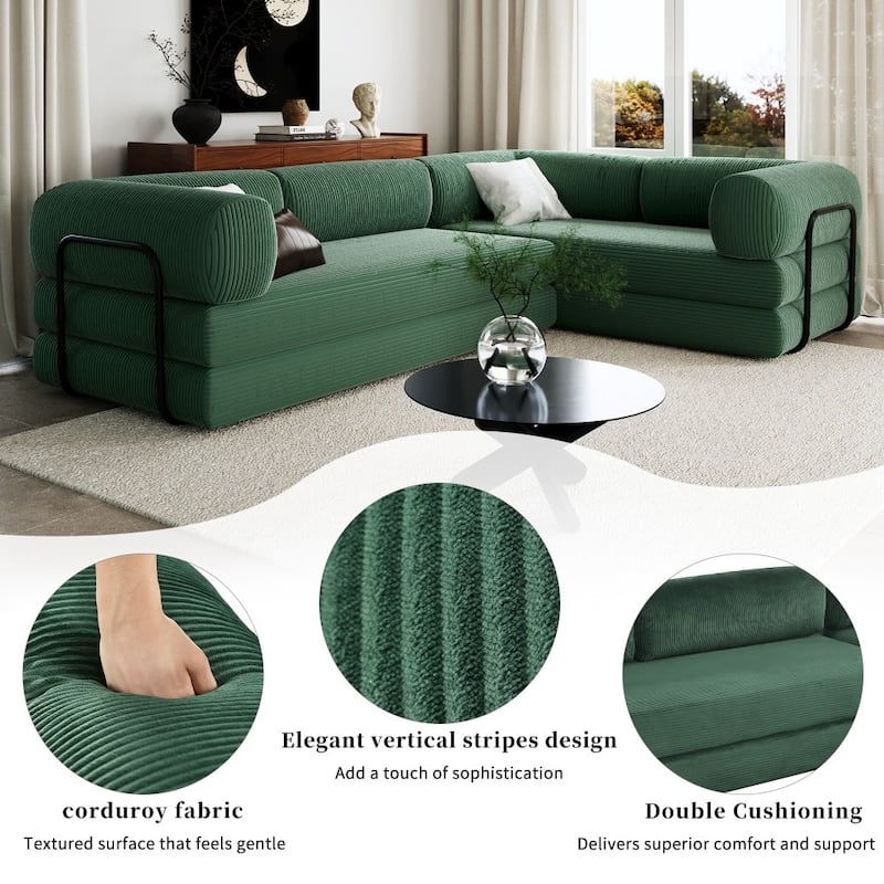 Modern Corduroy Fabric L-shaped Modular Convertible Sectional Sofa Bed for Living Room