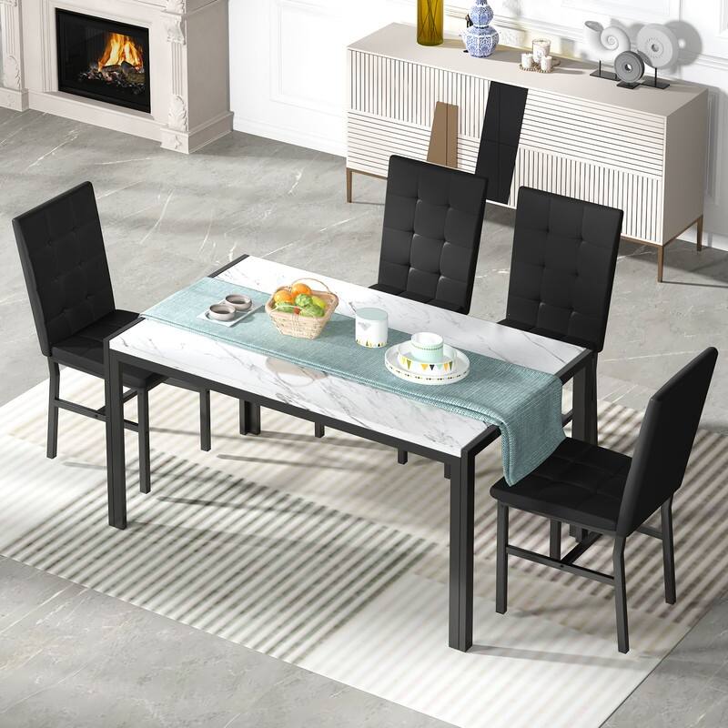 Grondin Faux Marble Kitchen Table And Chairs Set for 4, Modern Dining Room Table With 4 Armless Upholstered Dining Chairs