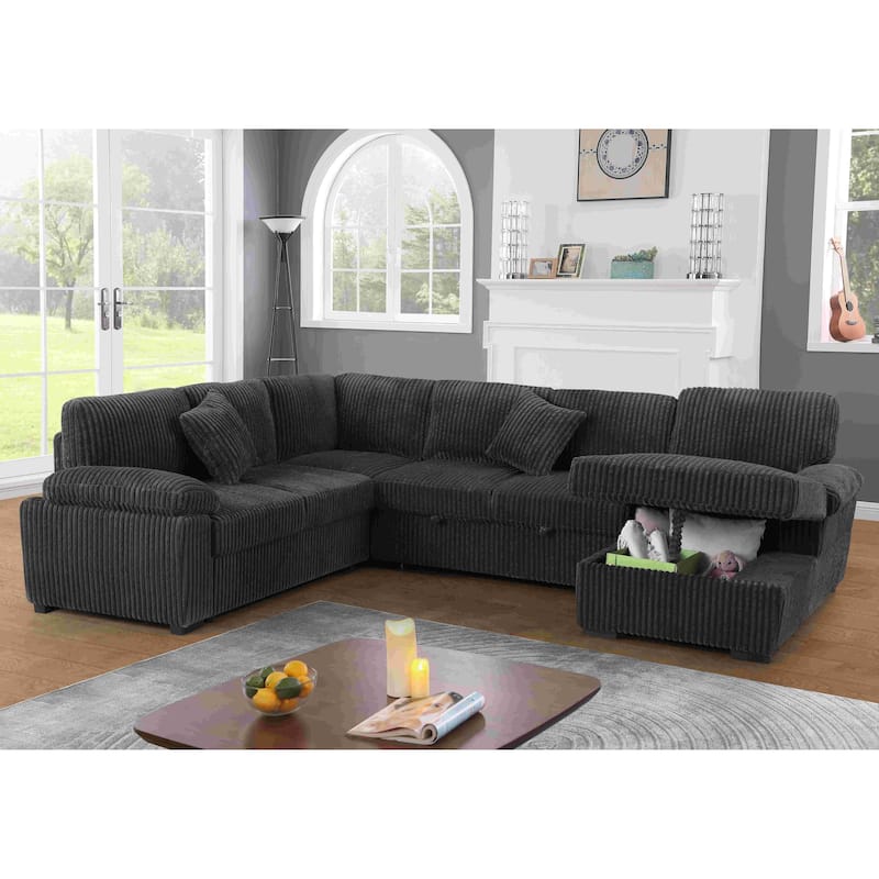 Modern Corduroy Sectional With Storage Chaise Lounge