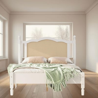 Full Size Wooden Platform Bed with Natural Rattan Headboard, Minimalist Design, No Box Spring Needed, 400 lbs Weight Capacity