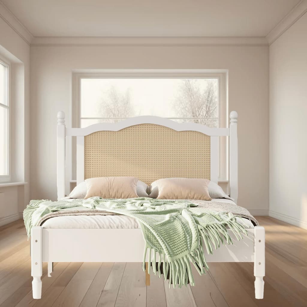 Full Size Wooden Platform Bed with Natural Rattan Headboard, Minimalist Design, No Box Spring Needed, 400 lbs Weight Capacity