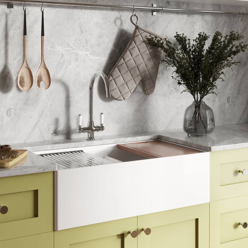 Ruvati 33 inch Fireclay Workstation White Farmhouse Kitchen Sink Apron Front Double Bowl - RVL2382WH - 30 x 18