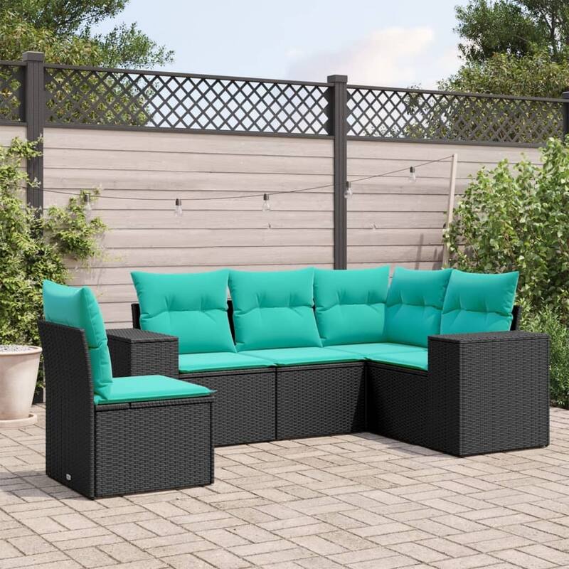 vidaXL 5 Piece Patio Sofa Set with Cushions Black Poly Rattan - 21.7 x 24.4 x 27.2-Without table