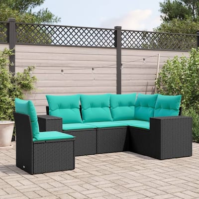 vidaXL 5 Piece Patio Sofa Set with Cushions Black Poly Rattan