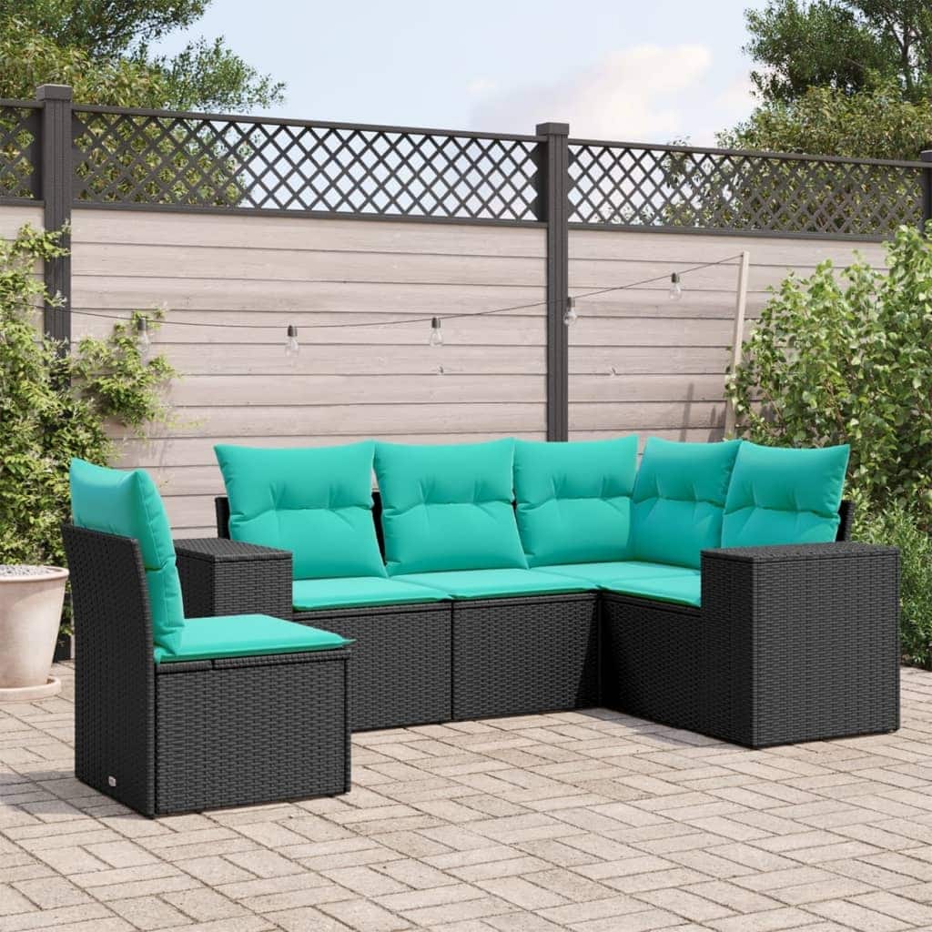 vidaXL 5 Piece Patio Sofa Set with Cushions Black Poly Rattan