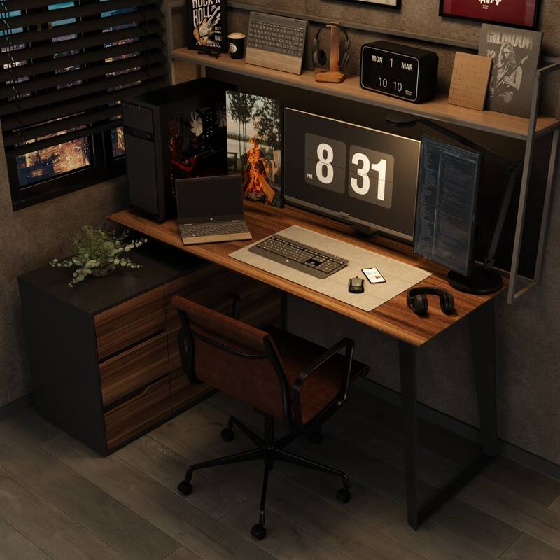 Timechee Home Office Desk L-Shaped Desk with Drawers Cabinet Corner Desk - 54.3" - Brown/Black
