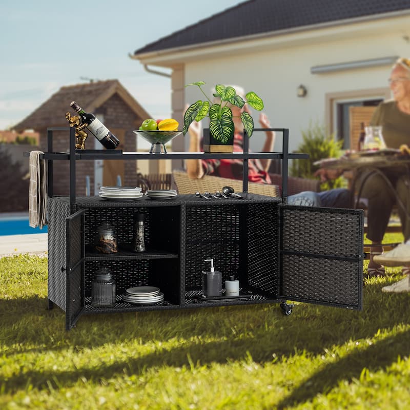 Outdoor Wicker Bar Cars with Glass Top for Porch Backyard Garden Poolside Party