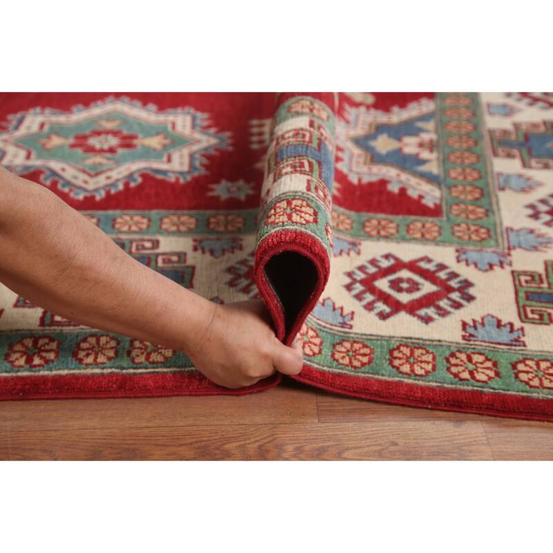 Hand Knotted Oriental 100% Wool Carpet Traditional Geometric Red Kazak Area Rug - 9' 10'' X 6' 8''