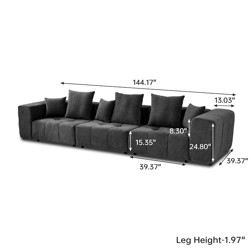 144.17" Linen Sectional Sofa 3-Seater Modular Couch with Pillows for Living Room