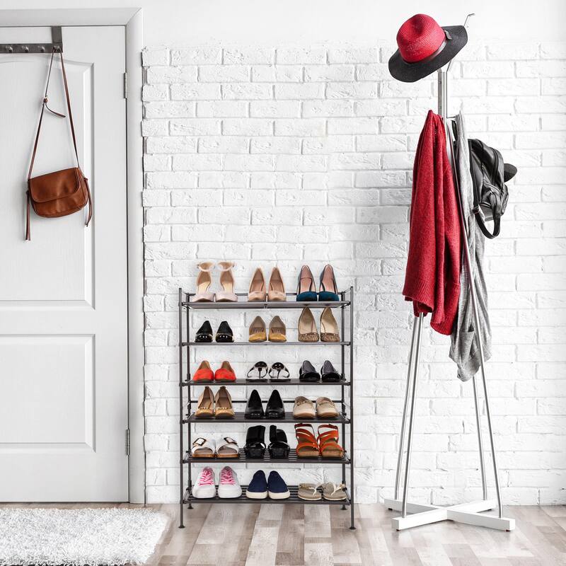 9-Pair 3-Tier Espresso Resin Slat Iron Frame Stackable 2-Pack Shoe Rack