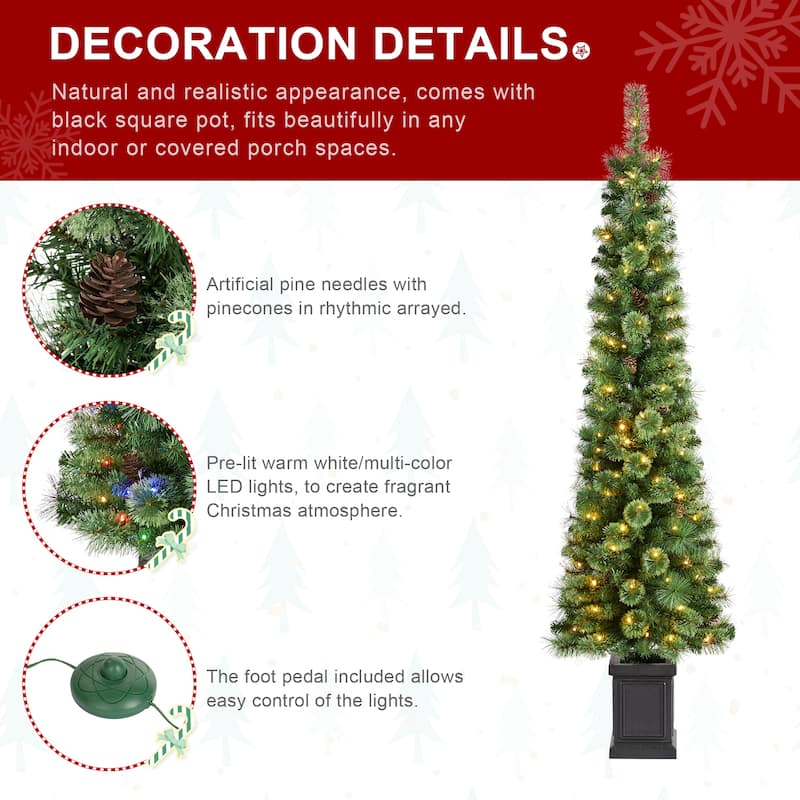Glitzhome 5ft/6ft/7ft Pre-Lit Green Pine Christmas Potted Porch Tree with LED Lights and Remote Control