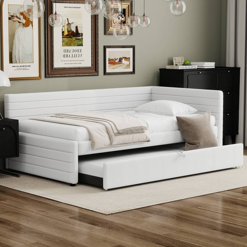 Twin Size Upholstered Daybed with Roll-Out Trundle, Space-Saving Wooden Frame, No Box Spring Needed