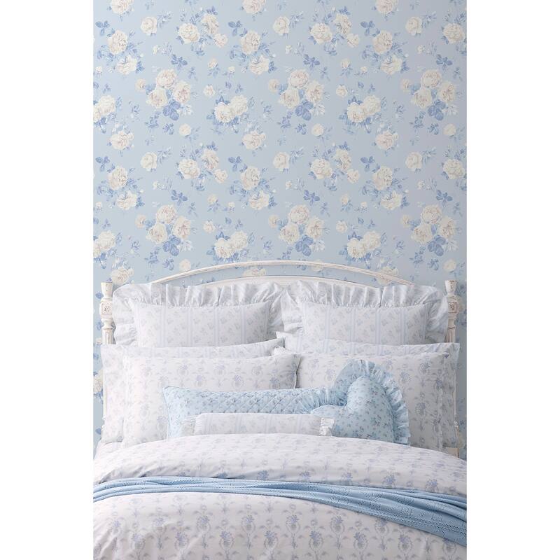 LoveShackFancy NuWallpaper Everblooming Rosettes Whisper Blue Cabbage Rose Bouquets Peel and Stick Wallpaper