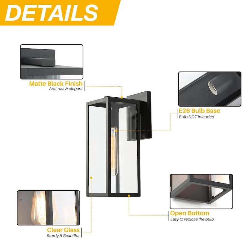 Bern 1-Light Black Outdoor Wall Sconces with Clear Glass Patio Lights - L 5"x W 7.5"x H 14"