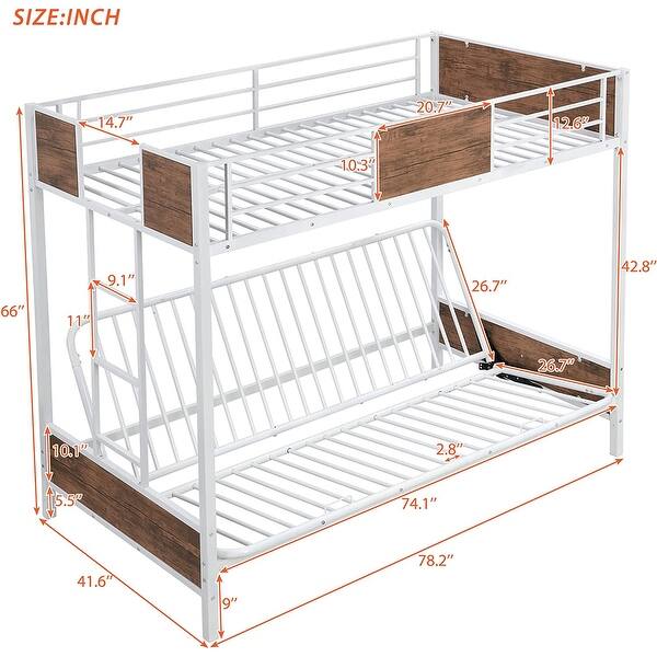 Twin Over Futon/Full Bunk Bed, Sturdy Steel Bed Frame, Convertible Metal Bunk Bed Couch and Bed