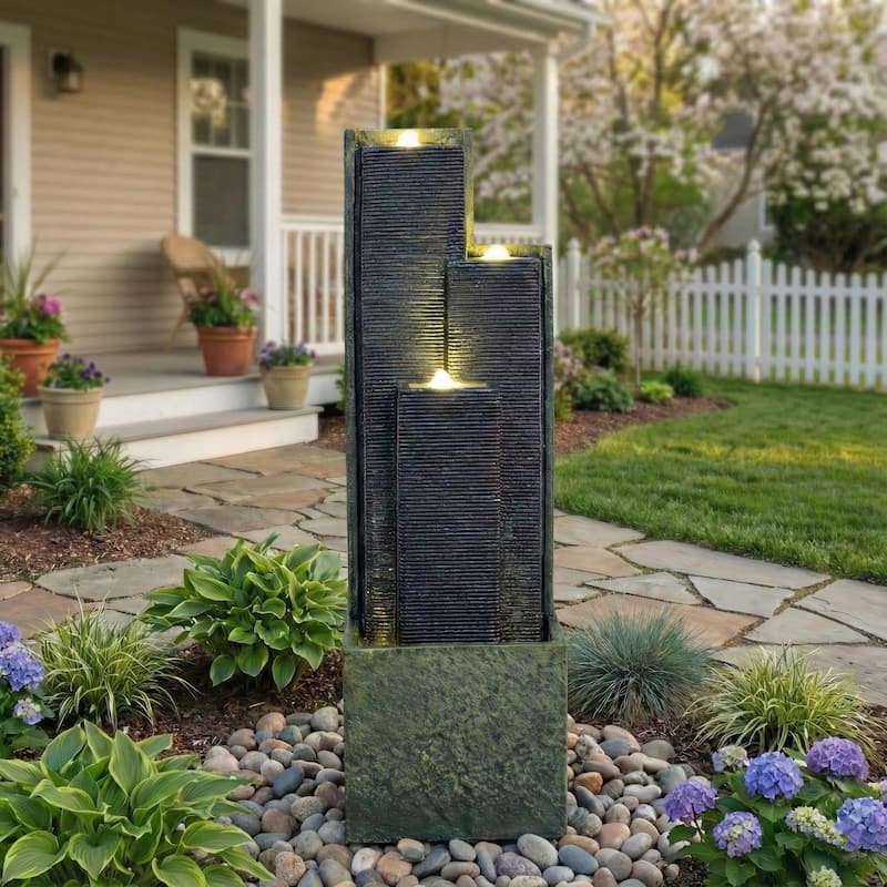 39" H Outdoor Water Fountain Modern Cascading Freestanding Fountain with LED Lights for Garden Patio Porch Lawn Backyard Decor