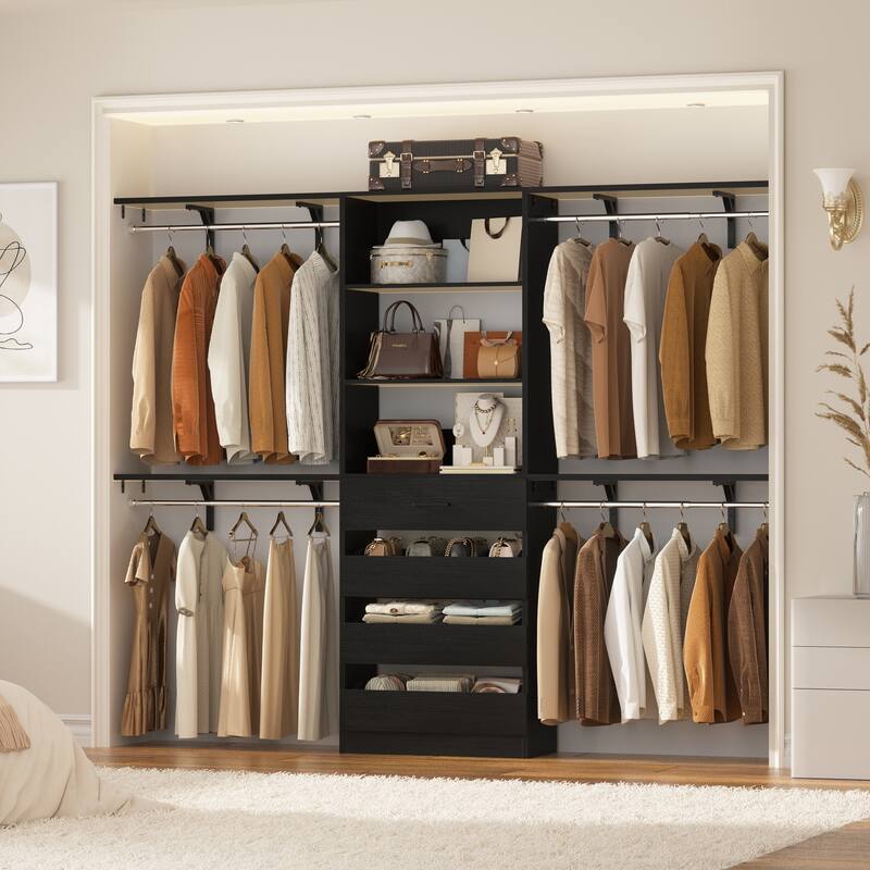 Rackcog 96'' Closet System with 4 Drawers and 4 Hanging Rods, 8FT Wood Closet Organizer for Walk-in Closet - Black