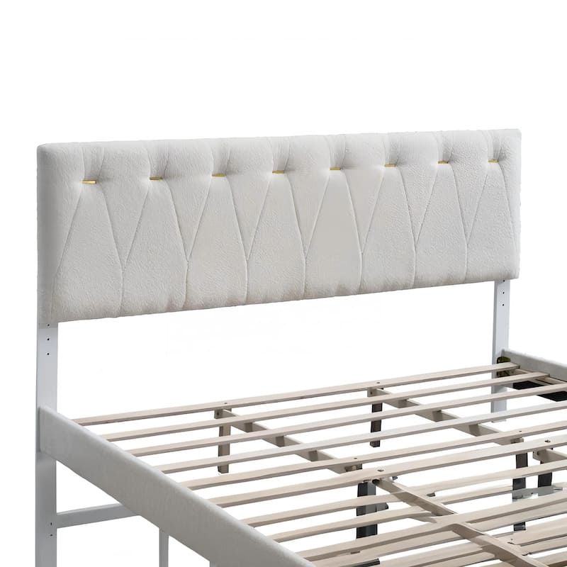 Queen Platform Bed in Wheat with Tufted Fabric and Adjustable Headboard