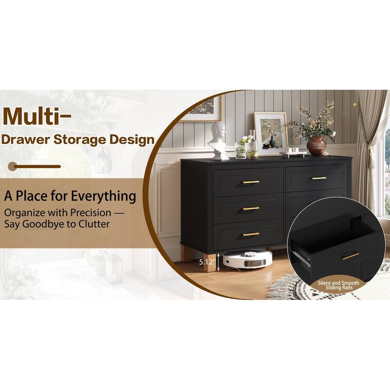 Rossetta 6-Drawer Mid-Century Modern Ribbed Lines Double Dresser Cabinet with Solid Wood Legs and Metal Handles